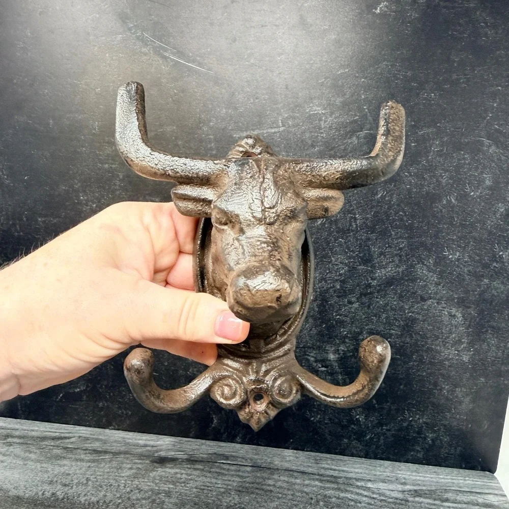 Cast Iron Bull Double Wall Hook Western Ranch Farmhouse Decor